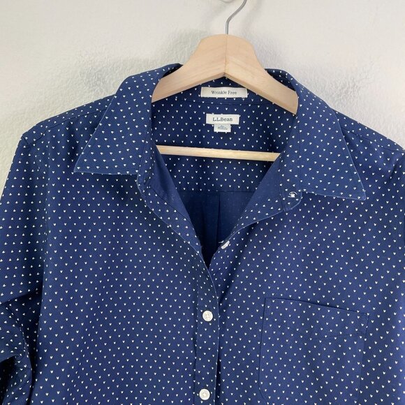 LL Bean Womens Large Wrinkle Free Navy Button Up Shirt White Heart Print Blouse - Picture 8 of 10